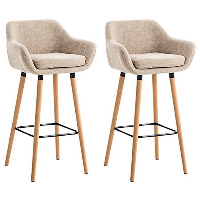 Tabourets de Bar en Lin - Keisha - Lot de 2 - Beige - Pieds en Bois Massif - 45x45x64 cm