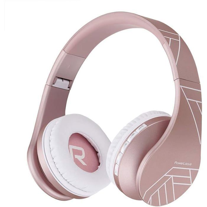 Auriculares Bluetooth inalámbricos supraaurales con micrófono integrado, sonido estéreo HD, ranura para tarjeta Micro SD/TF, modo FM, color oro rosa.