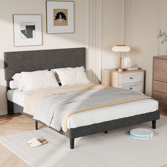 Tweepersoonsbed 140x200 cm, lattenbodem, grijs linnen, inclusief hoofdbord, natuurlijke en moderne stijl voor de slaapkamer, eenvoudig te monteren