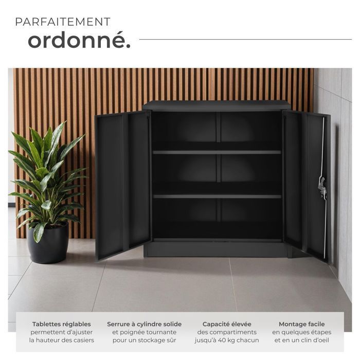 Kontoropbevaring - TECTAKE - Metalarkivskab med 2 justerbare hylder og 2 nøgler - 90 cm x 40 cm x 90 cm - Sort