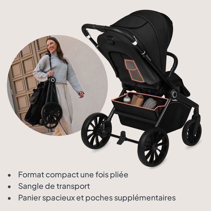 LIONELO Mika Plus 2-in-1 Travel System - Birth up to 22kg - Duo Stroller Pack, Carrycot and Accessories - Black
