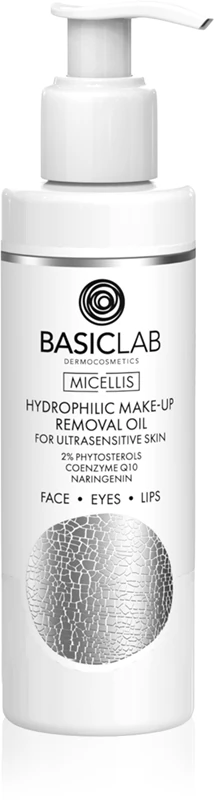Óleo de limpeza micelar BasicLab Dermocosmetics para remoção de maquiagem em peles muito sensíveis.