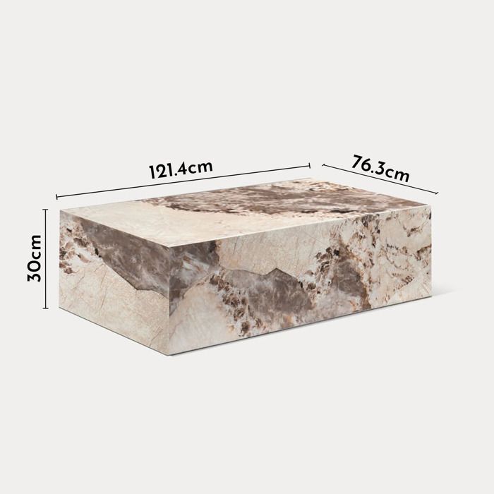 ISBEL - Mesa de centro rectangular en mármol sintético beige y marrón.