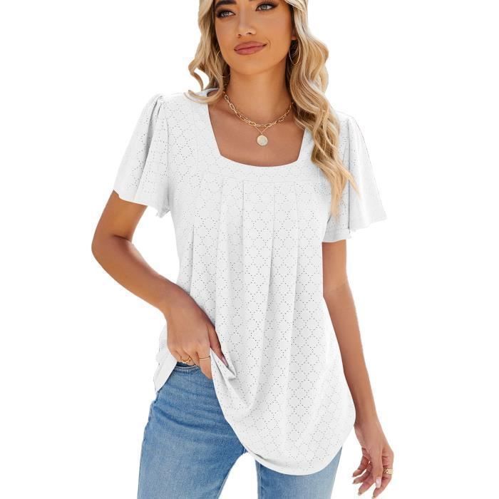 Damen-Sommer-T-Shirt mit kurzen Ärmeln, eckigem Ausschnitt, lässigem Schnitt, lockerer Passform, einfarbig, bequem – EU-Größe – Weiß