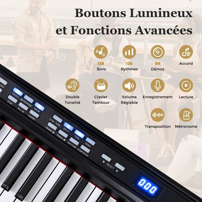 Teclado de piano digital GIANTEX de 88 teclas - Banqueta - Suporte - Fones de ouvido - Volume ajustável - Conexão MIDI - Iniciantes e profissionais - Preto