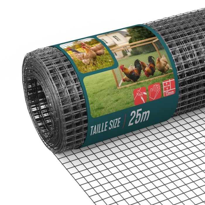 VOUNOT® PVC-coated welded wire mesh roll 1x25m grey - 13mm mesh, 0.8mm wire - Metal fencing and netting