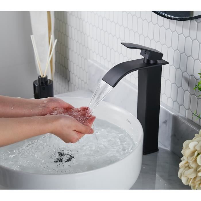 FORIOUS Mitigeur de Lavabo Haut, Mitigeur Lavabo Cascade en Acier Inoxydable, Monocommande, Eau Chaude/Froide, Colonne carrée, Noir