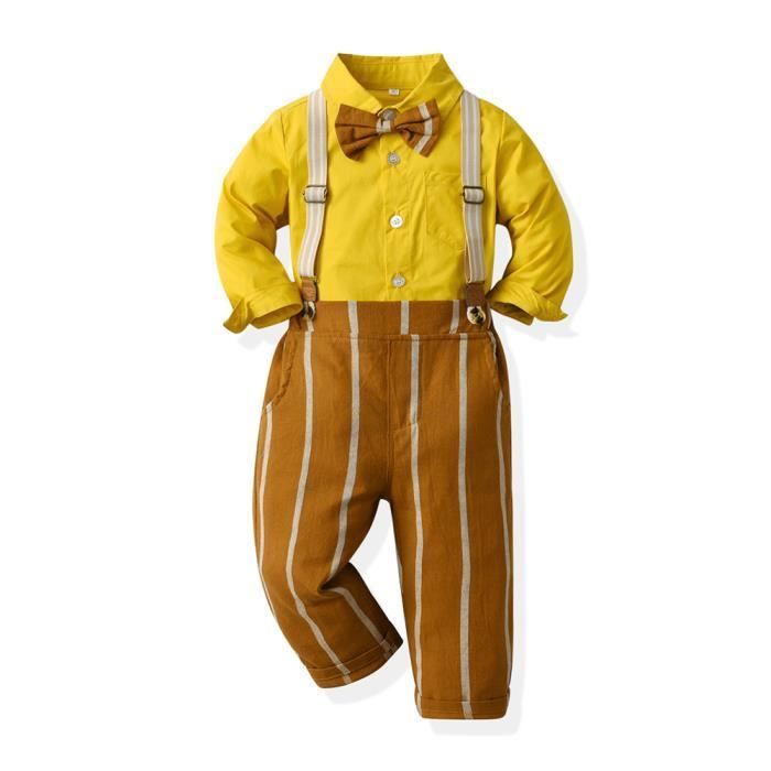 Conjunto de roupa de algodão para bebê menino, 2 peças, tamanhos de 9 meses a 12 anos, para casamentos e batizados, listras amarelas.