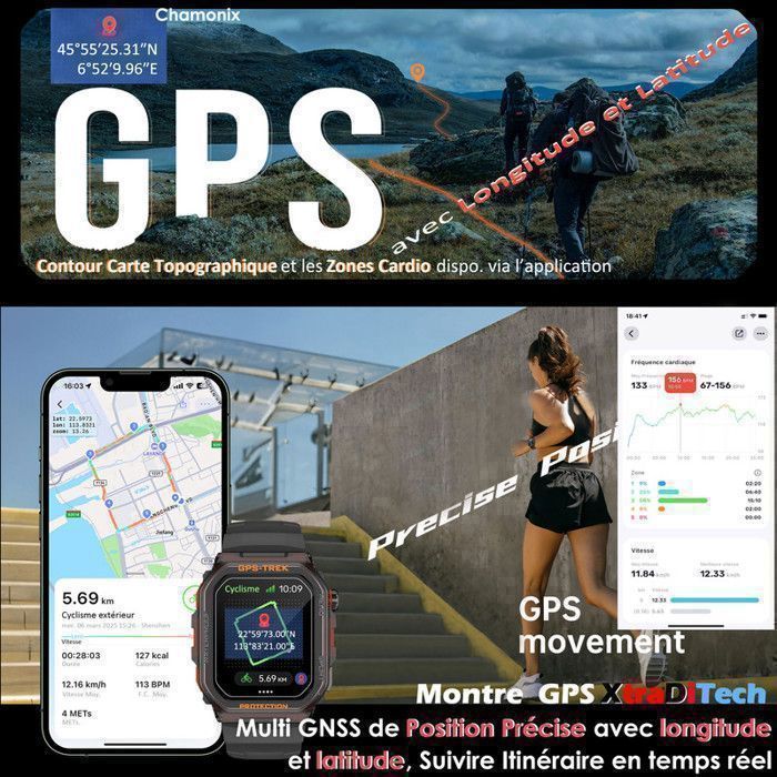 XtraDiTech Montre Connectée GPS Cardio Sport Suivi Itinéraire Localisation Longitude Latitude Couronne Numérique Alexa Strava Noir