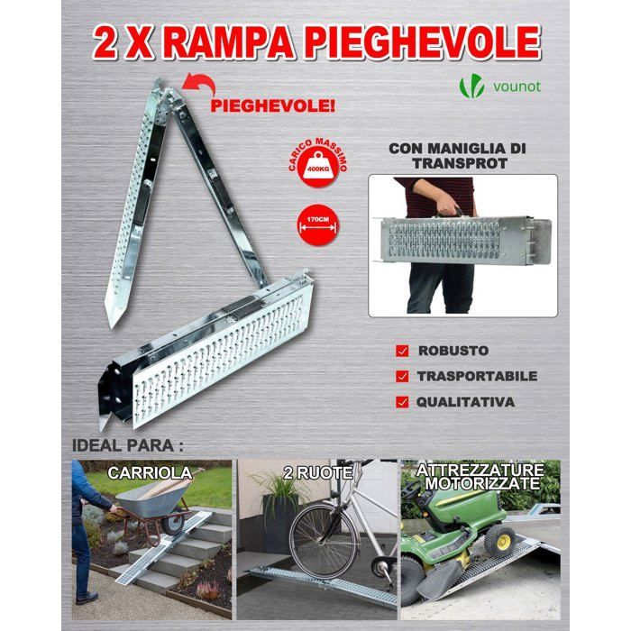 VOUNOT® Juego de 2 rampas de carga plegables, 160 cm, acero galvanizado - Carga máxima 400 kg - Rampa de acceso antideslizante con asa