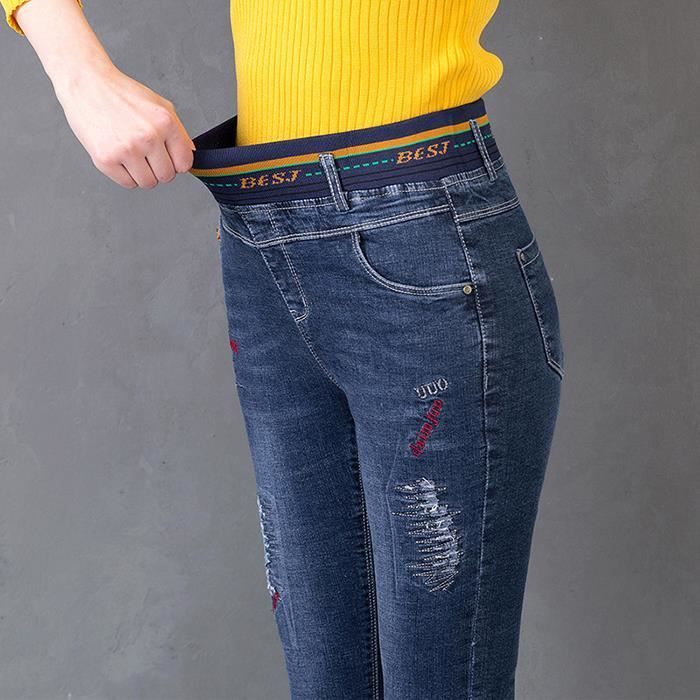 Jeans Femmes - FUNMOON - Taille Haute - Élastique - Coton - Style Occasionnel