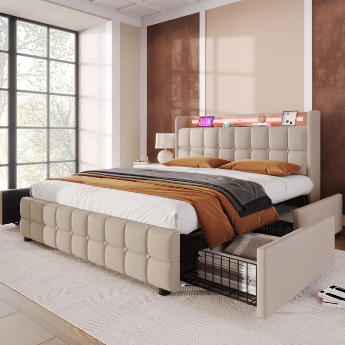 Cama doble con cajones de 160x200 cm, puerto USB, cabecero LED, con 4 cajones, ropa de cama, somier de láminas, apta para adultos - beige