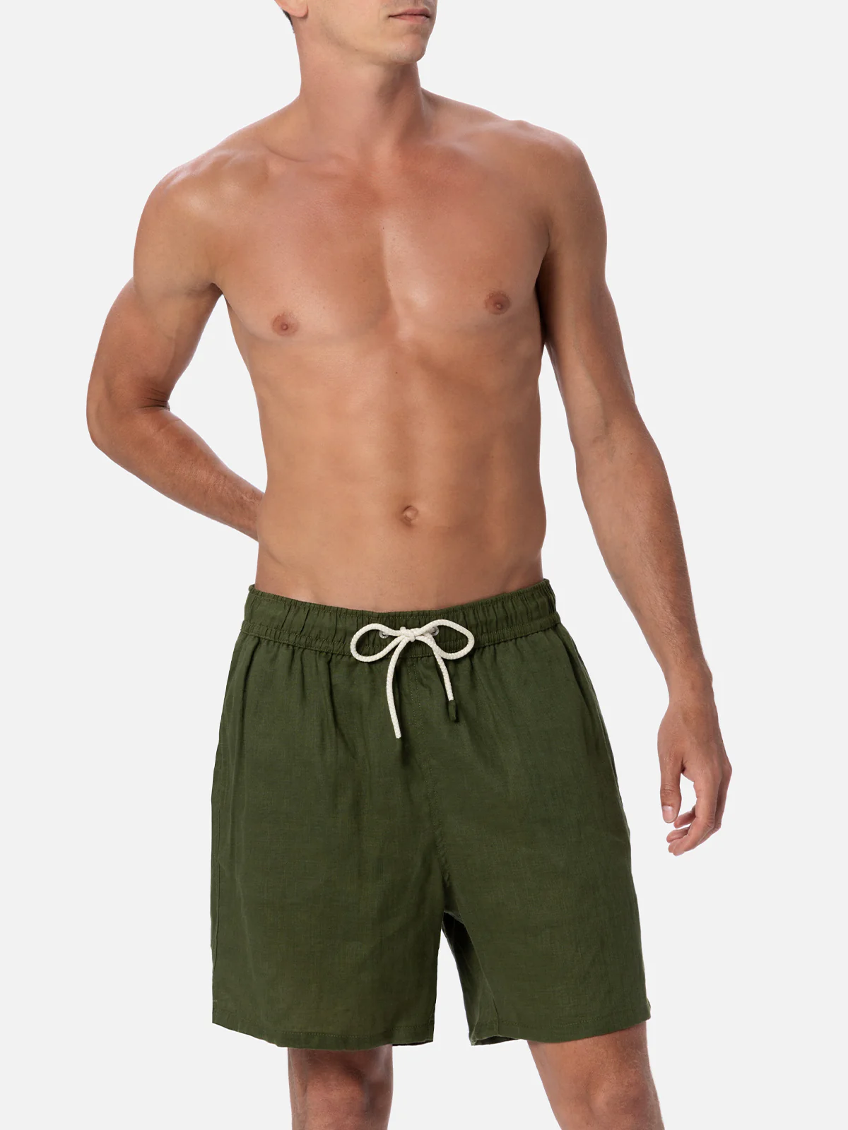 Costume da bagno da uomo di media lunghezza in lino verde militare Gus