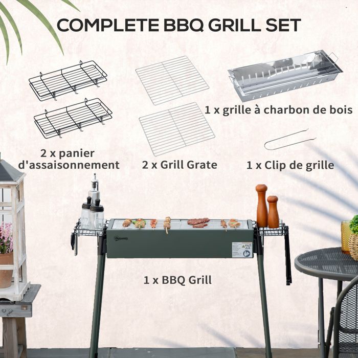 Barbecue au charbon - Outsunny - 2 grilles BBQ grill sur pieds amovibles 2 paniers - acier - 94x39x70cm - vert foncé