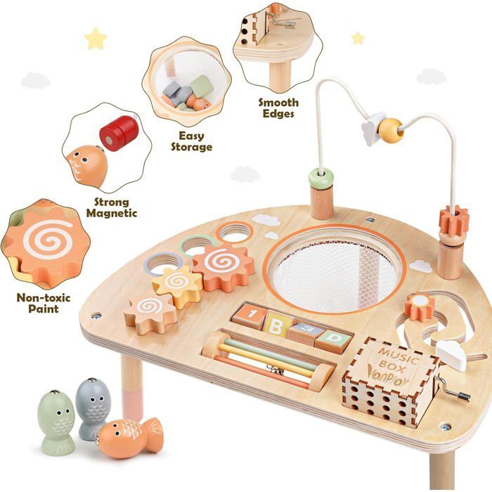 Mesa de atividades de madeira para bebês - ZUUKO - Montessori - Labirinto de contas - Classificador de formas - Oitava musical
