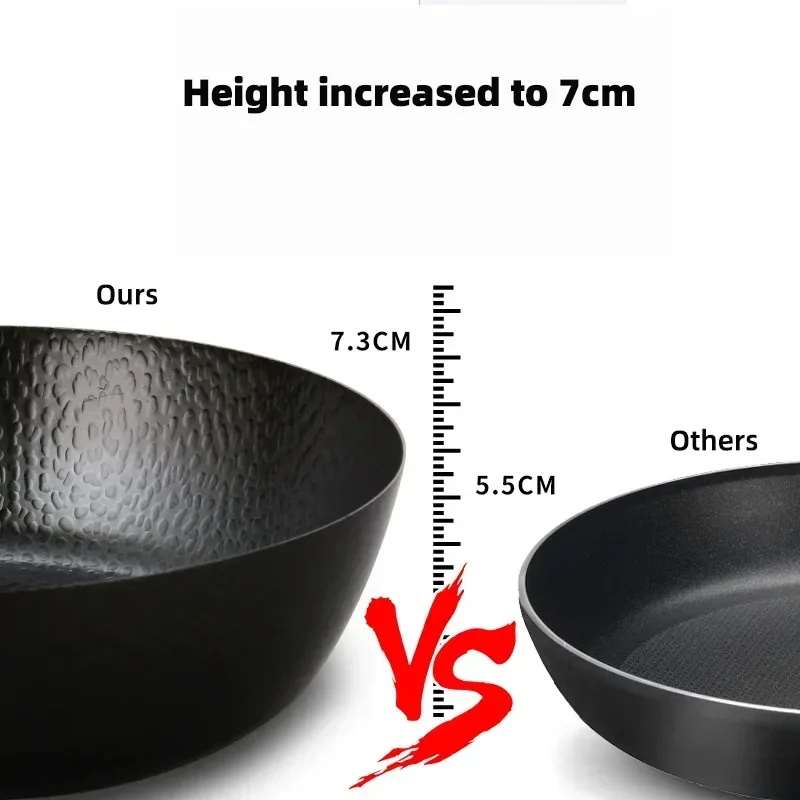 Poêle wok antiadhésive de 28 cm en fonte, non revêtue, idéale pour la cuisson des steaks, des crêpes et autres préparations culinaires. Fabriquée à la main, elle est compatible avec les plaques à gaz et à induction.