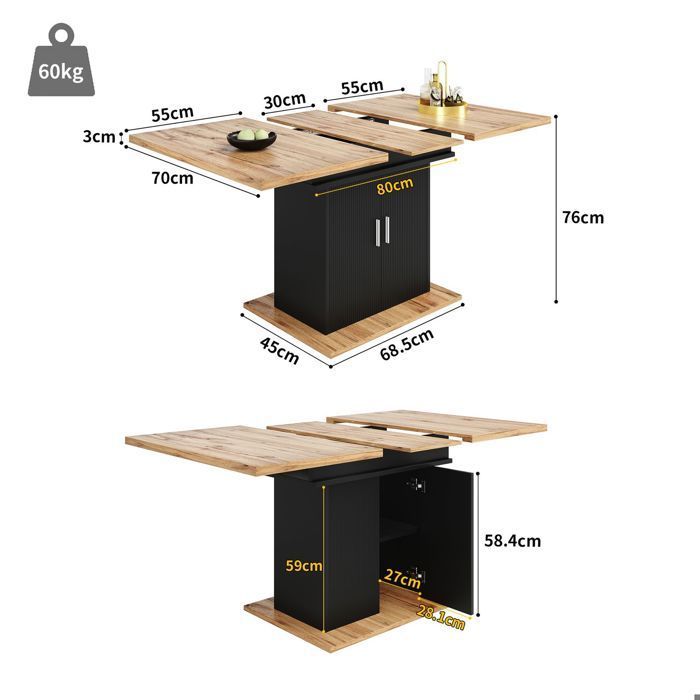Mesa de cocina de 140x70 cm, mesa de comedor extensible, ahorra espacio, almacenamiento integrado, tablero lacado brillante.