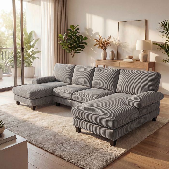 Divano angolare panoramico - Bealife - 4 posti - Forma a U - Velluto a coste - 2 chaise longue - Stile scandinavo - Grigio scuro