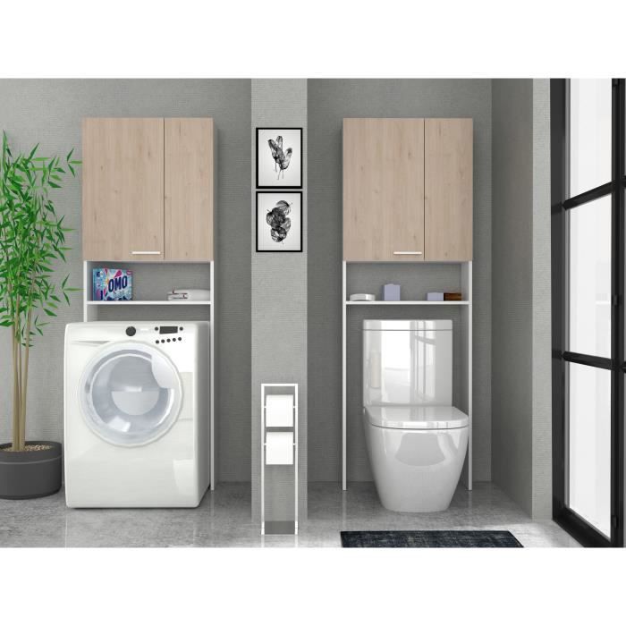 Meuble étagères WC -  Décor Chêne et Blanc - 2 portes - Salle de bain / buanderie - L64,2 x P21,8 x H184 cm - WOODY