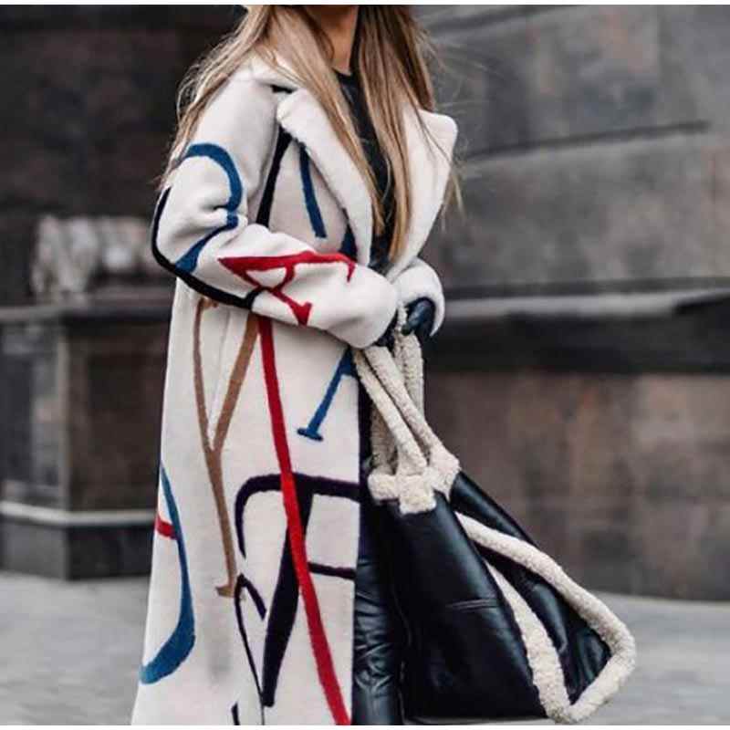 Cappotto lungo da donna autunno/inverno in misto lana con colletto a revers, stampa, modello oversize casual e ampio, giacca antivento 2021