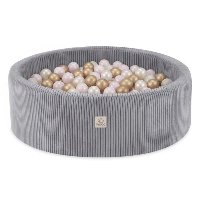 MISIOO Round Corduroy Ball Pit for Baby and Children's Room, Grey, 90x30 cm, 300 Balls: Pink/Gold/Pearl White