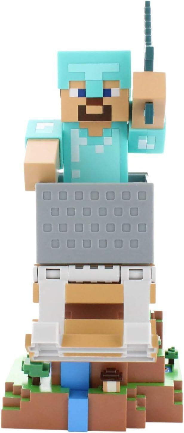 Figurine Minecraft Steve Armure Diamant - EXQUISITE GAMING - Cable Guys - Support écouteurs, smartphone ou petit accessoire - 20 cm
