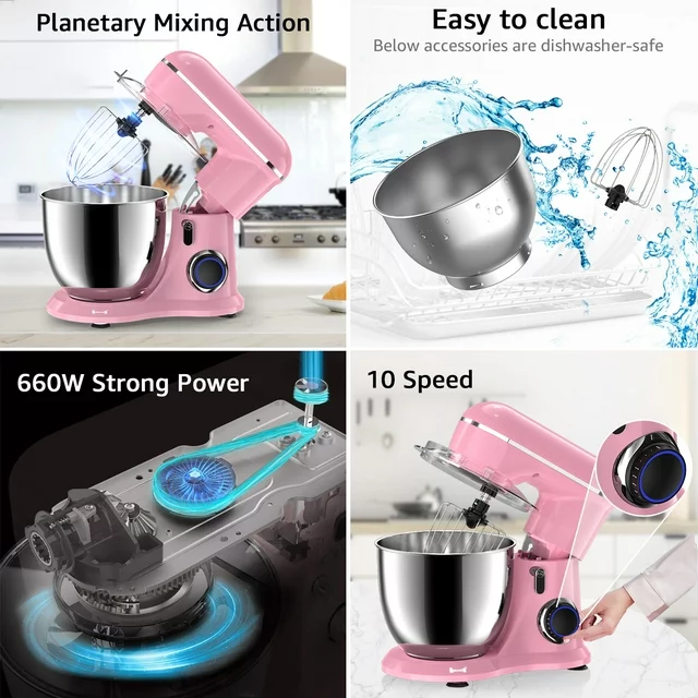 Samsaimo Staande Mixer, 6,5 liter, 660 W, 10 snelheden, Kantelbare Kop, Keukenmixer met Kom, Deeghaak, Klopper en Garde, geschikt voor de meeste thuiskoks