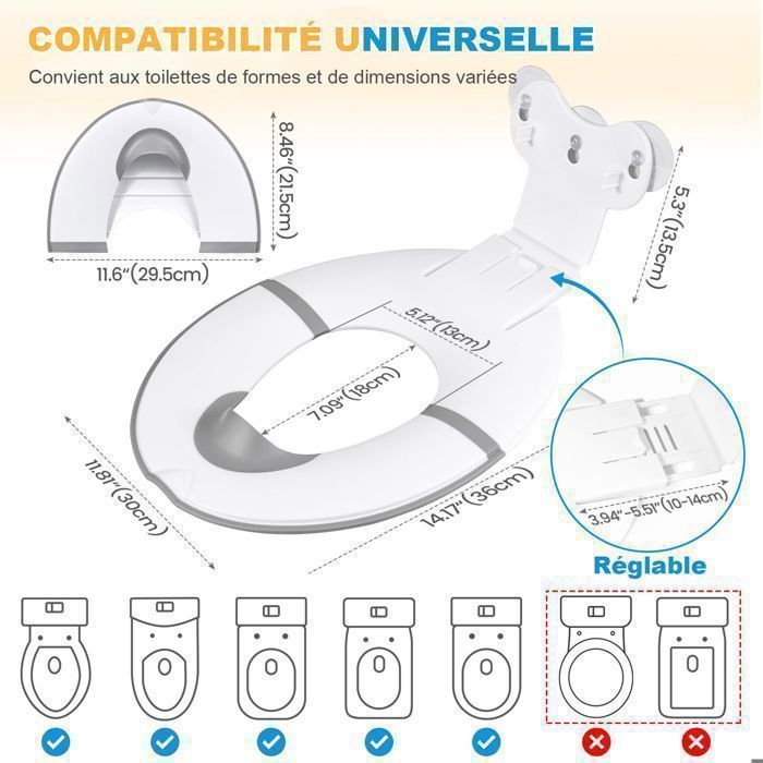 Riduttore per sedile WC per bambini - Rialzo per sedile WC per bambini - Lunghezza regolabile - con barriera anti-urina in gomma morbida - Compatibile con vari WC