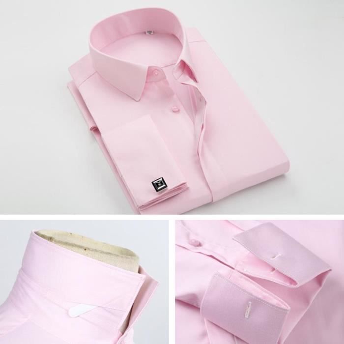 Camicia da uomo slim fit elegante con polsini alla francese, maniche lunghe, tinta unita - rosa