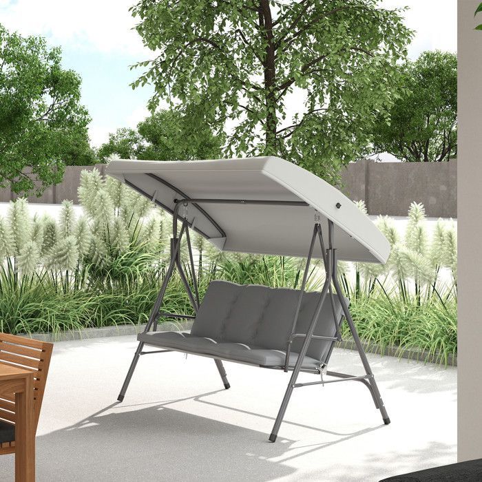 Columpio de jardín de 3 plazas - Outsunny - Toldo grueso con inclinación ajustable, cojines extraíbles - Poliéster, acero con revestimiento epoxi - Gris claro