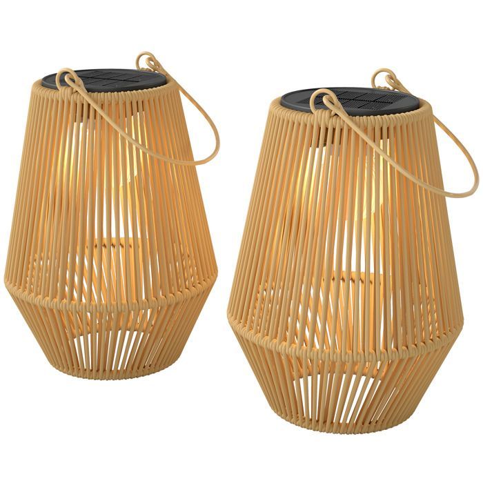 Lot de 2 lanternes solaires suspendues extérieur, lampes de jardin en résine tressée avec allumage automatique, marron