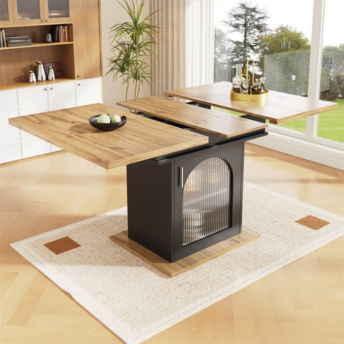 Table à Manger Extensible avec Rangement, Table Carrée de Cuisine 4 a 6 Personne, Table Extensible Salle a Manger Naturel et Noir