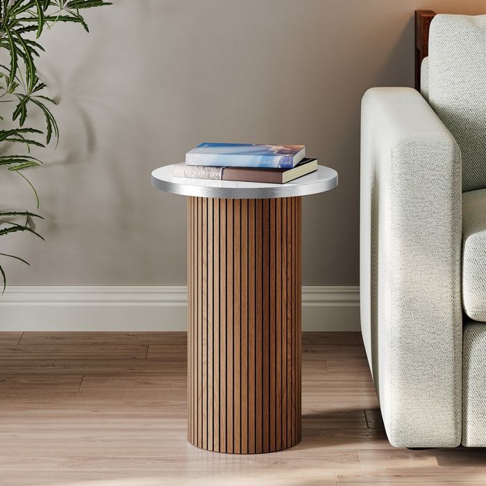 Round Coffee Table Set of 2 Marble Veneer Side Table Modern Minimalist Style 50x35+32x48cm Walnut