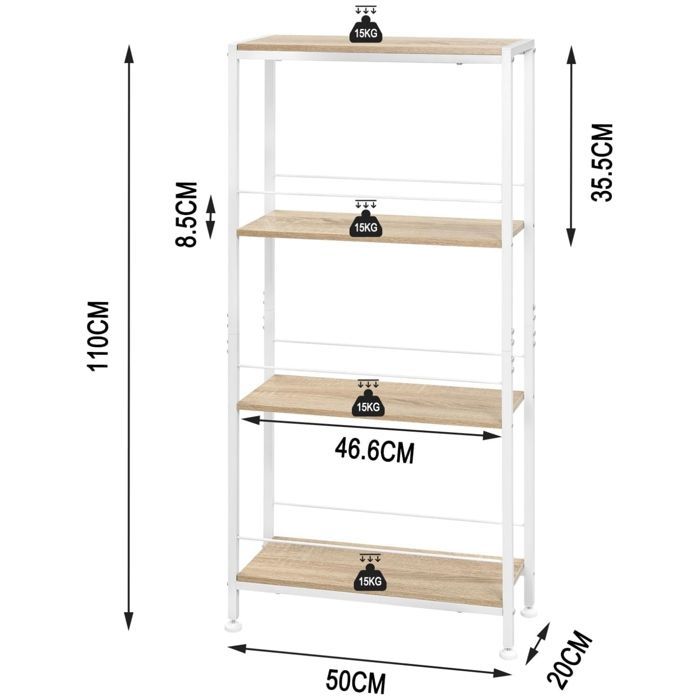 Mensola angolare stretta a 4 ripiani WOLTU per cucina e soggiorno, in MDF con struttura in metallo, colore rovere chiaro + bianco, 50x20x110 cm.