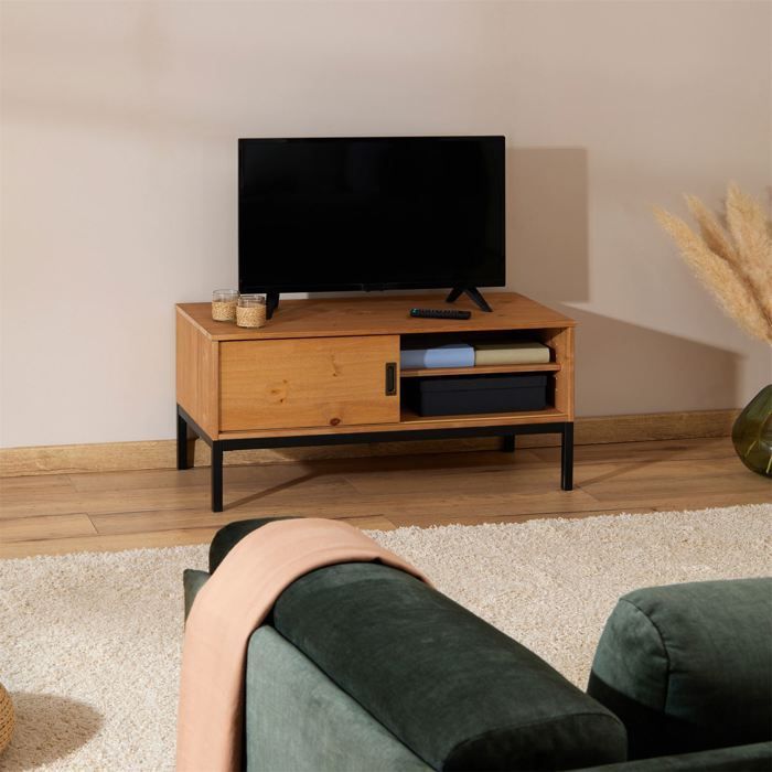 Meuble TV SELMA banc télé de 98 cm au style industriel design vintage avec 1 porte coulissante, en pin massif teinté brun clair
