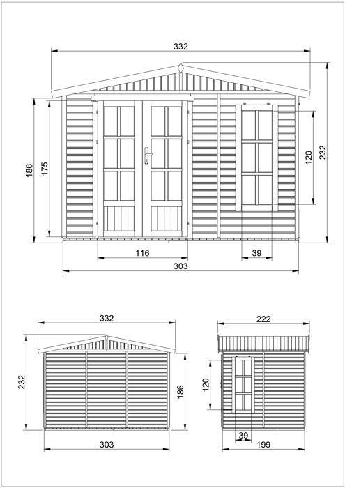 Casetta da giardino in legno 6 m² - L332 x P222 x H232 cm - Casetta estiva con tegole bituminose rosse - M334FB+H334FBGREY
