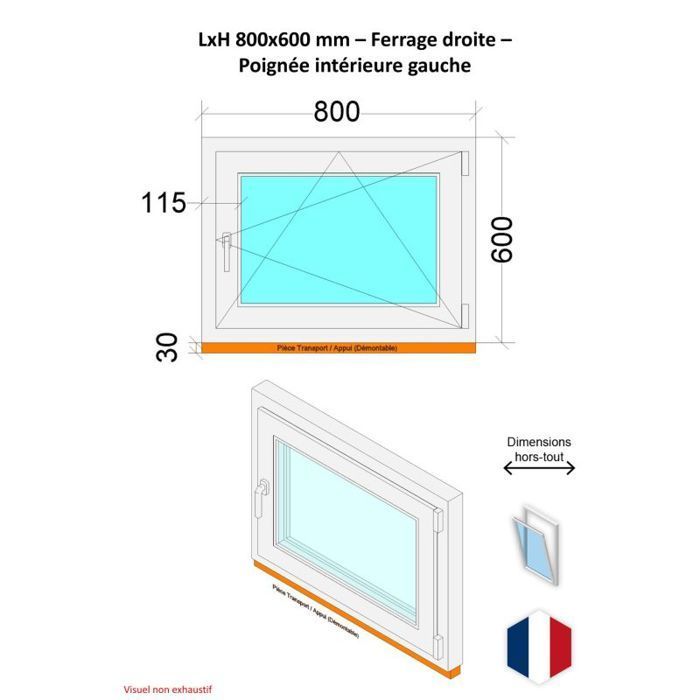 Fenêtre PVC - LxH 800x600 mm -Triple Vitrage - Bicolore blanc int/anthracite ext-poignée à gauche