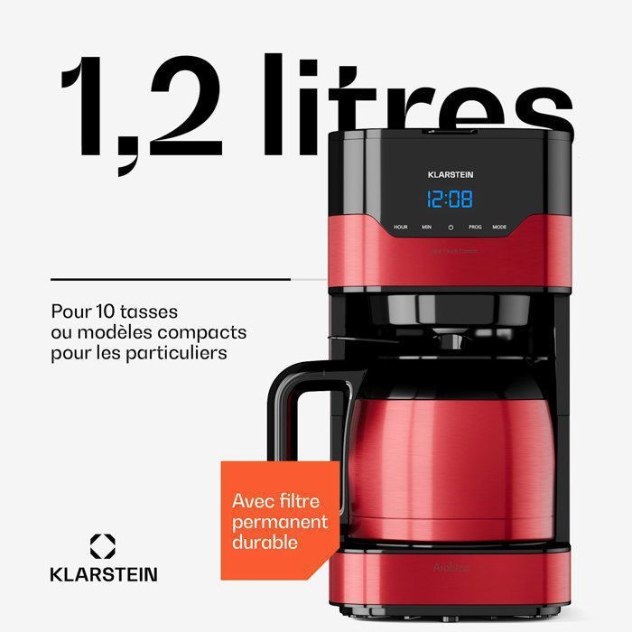 Kaffeemaschine – Klarstein Arabica – Permanentfilter – Für 12 Tassen – Roter Edelstahl