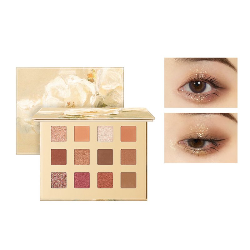 Palette de 12 fards à paupières RomanticBloom Jasmine, poudre fine et lisse, fini mat et pailleté.