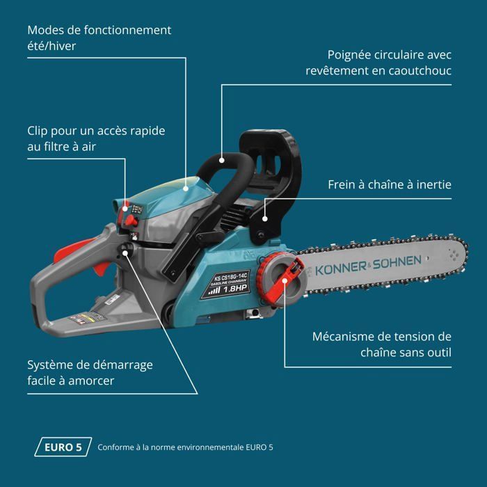 Könner & Söhnen Benzin-Kettensäge KS CS18G-14C – 1350 W – 35 cm Führungsschiene – werkzeuglose Kettenspannung