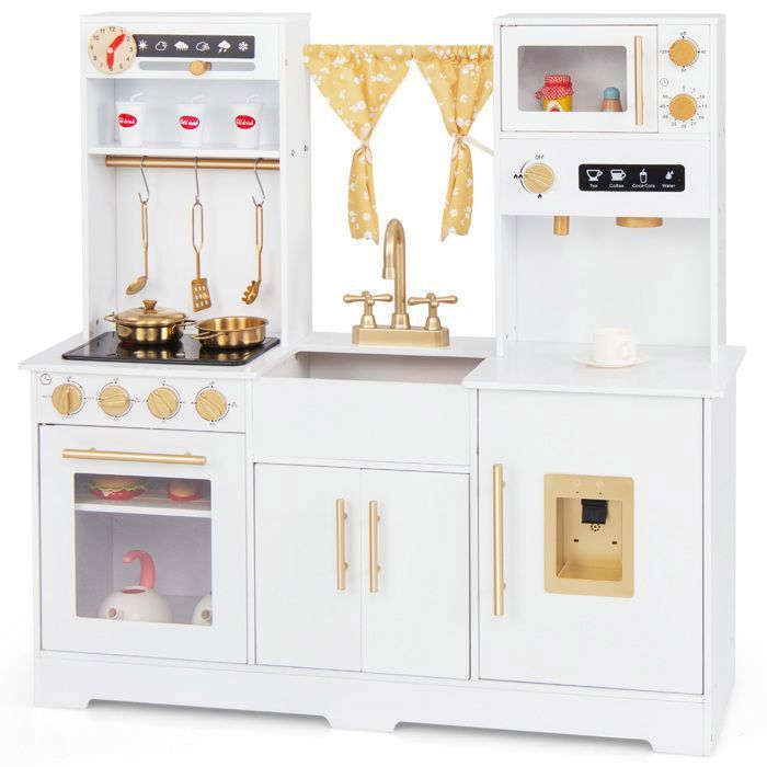 COSTWAY Cuisine de Jeu pour Enfants 3 Ans+ avec 6 Accessoires, Cafetière, Micro-ondes, Four, Sons et Lumières Réels, 90 x 30 x 90
