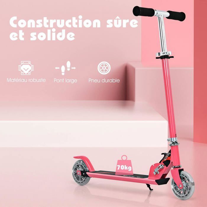 Patinete plegable COSTWAY para niños de 4 a 13 años - 2 ruedas de PU con luces LED intermitentes - 3 alturas ajustables - Capacidad de carga de 70 kg - Aluminio - Rosa