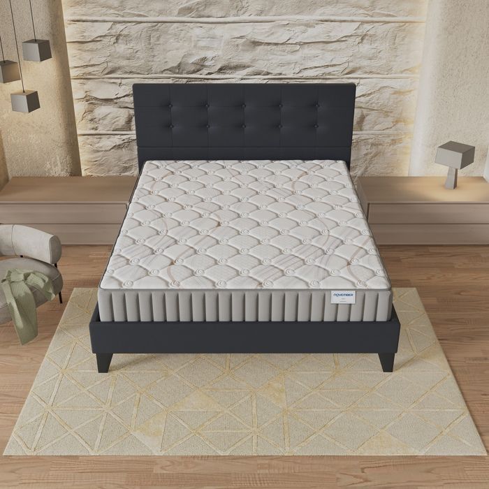 Colchón y cama (140x200cm) - Sirius 16cm Látex natural y espuma de alta densidad + Base de láminas estable y cabecero tapizado en negro