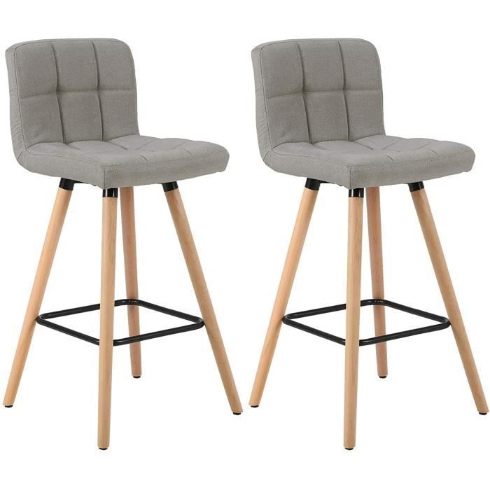 WOLTU Juego de 2 taburetes de bar con reposapiés, sillas de bar de diseño en madera maciza y lino, gris claro.