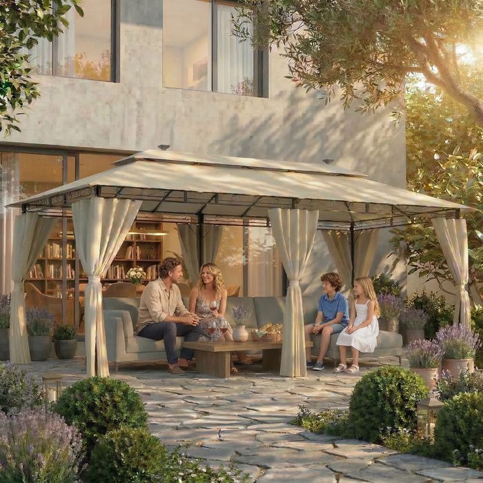Tonnelle de Jardin 3x6 avec Éclairage, Imperméable Deluxe Tonnelle,Pergola Jardins Exterieur pour 8-10 Personnes, Beige