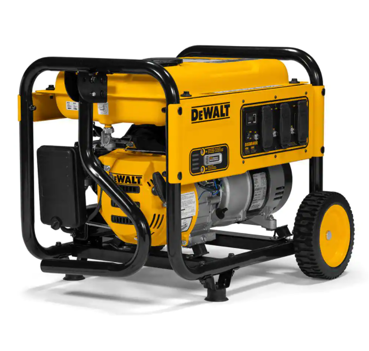 Gerador a gasolina portátil DEWALT de 6500 W com partida manual, controle de marcha lenta, tomadas protegidas e proteção contra CO2.