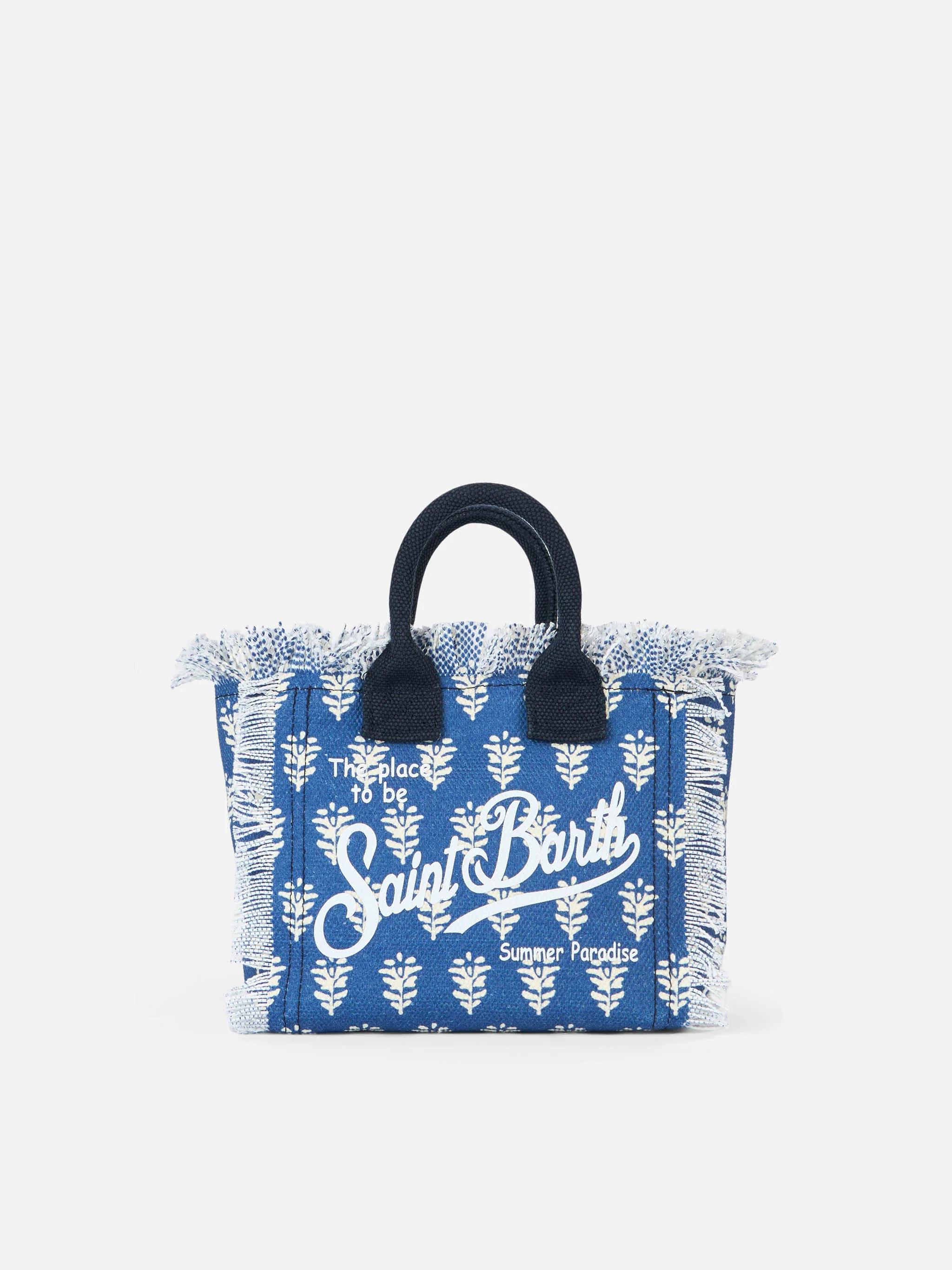 Coton Mini Vanity Canvas Bag | Indigo Flower Print | Saint Barth Logo | Zipper Closure | Inner Zipped Pocket | Detachable Strap | MC2 Saint Barth