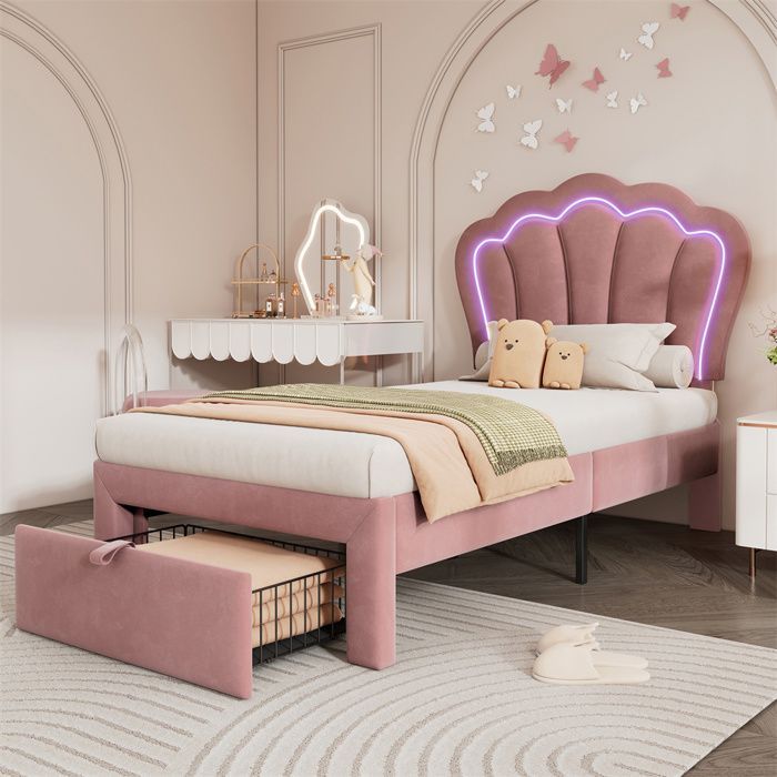 Cama infantil 90x190 cm com gaveta - LED com controle por aplicativo - Cabeceira ajustável - Estrado de ripas - Veludo - Rosa