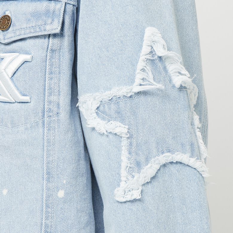 Truckerjack van denim met verfspatten