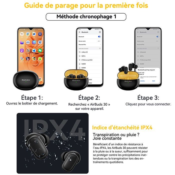 Blackview AirBuds 30 — IPX4 In-Ear Bluetooth Headphones, 400 mAh Charging Case — Black